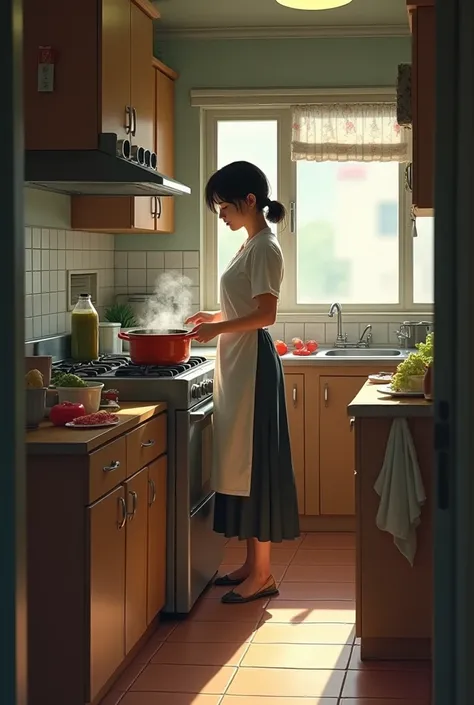 Mom cooking in the kitchen of a Korean apartment, different angle error