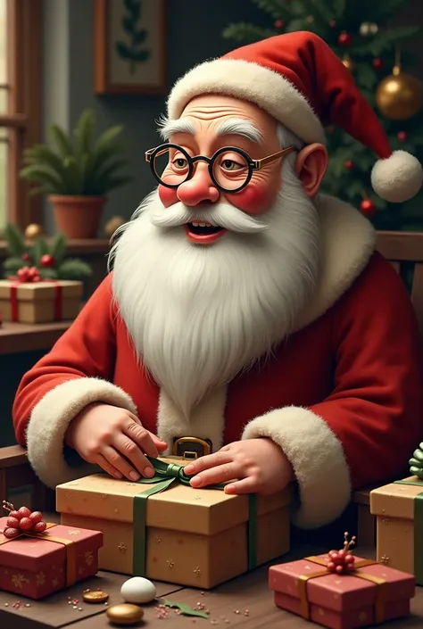 Santa Claus with glasses and cute clothes gray hair, old beautiful face, sitting and wrapping gifts
