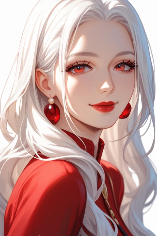  mature, bright white hair,  red plain clothes, Red lips, 차분한 Long hair, mature, bright white hair, Long hair, 어두운 Red eyes, fascinating, Hanbok,  Raised Eyes, Red Clothes , Lyrical,  soft lighting ,  a gentle smile , fascinating, Red eyes,  viewer