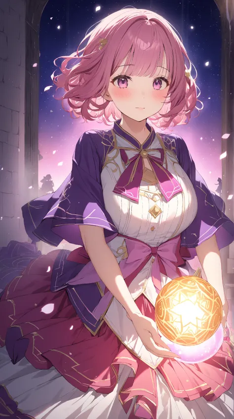 1 girl, ( blush:1.3),  medium hair, to many hairstyle,  fantasy fortune teller costume, ( Mysterious Atmosphere :1.2),  Big Breasts , Magical Orb ,  Clear Skin, break 
柔らかな光, ( dreamy lighting :1.3),  Premonition of Love, break 
(Fantastic bonfire:1.2),  S...