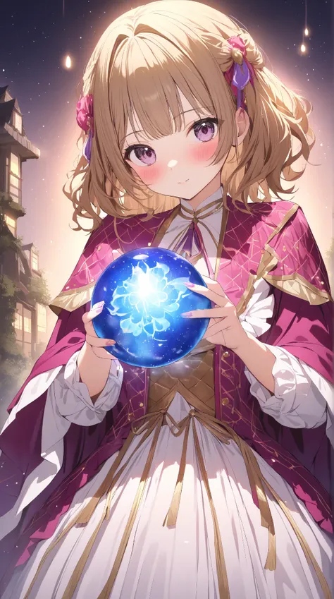 1 girl, ( blush:1.3),  medium hair, to many hairstyle,  fantasy fortune teller costume, ( Mysterious Atmosphere :1.2),  Big Breasts , Magical Orb ,  Clear Skin, break 
柔らかな光, ( dreamy lighting :1.3),  Premonition of Love, break 
(Fantastic bonfire:1.2),  S...