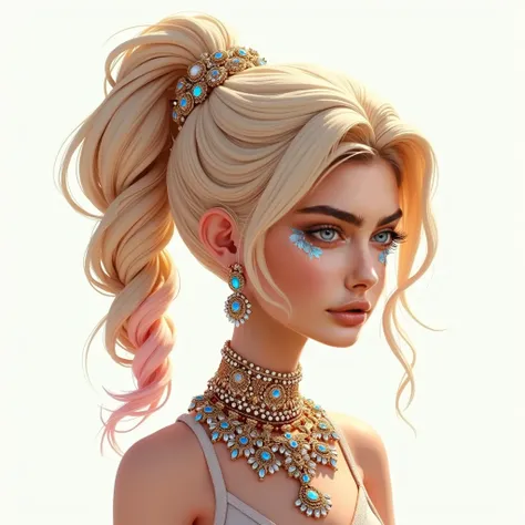 Young thin woman, blue eye, with an elaborate and adorned hairstyle . The hair is blond with pink highlights and is styled in a high and voluminous ponytail.,  with intricate braids on the top of the head .  The hairstyle is decorated with several shiny je...