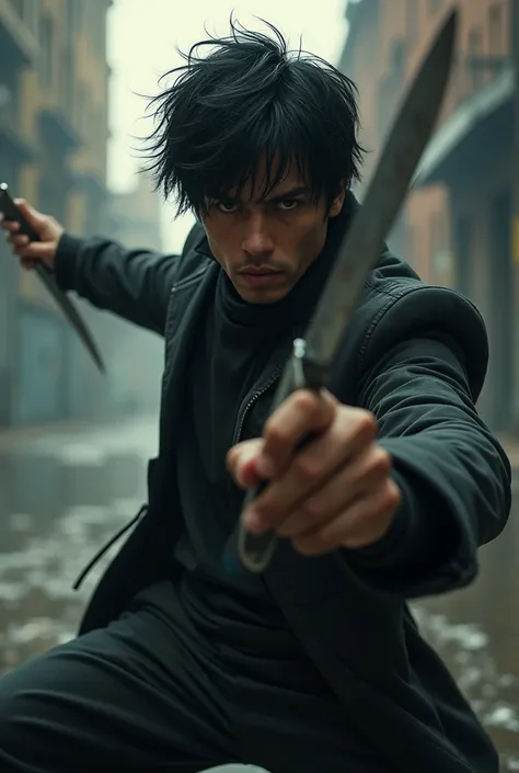  The guy with black hair,in a dynamic , with a knife in hand 