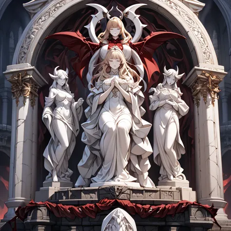 The woman who closes her eyes in the stone statue of a naked devil adorned with a relief that is made into a stone statue and sealed is the statue of the devils apostle Celica, displayed on the altar of the devils temple with evil demons, is worshipped by ...