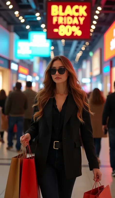 A dynamic scene of a bustling Black Friday shopping frenzy inside a modern mall. Highlight a stylish young woman confidently navigating through the crowd, holding multiple shopping bags from high-end stores. The mall is decorated with bold Black Friday Sal...