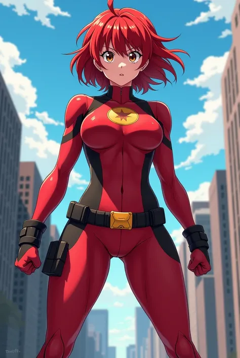    My Hero Academia style ,   anime girl , woman, young woman ,      full body shot   ,(Combat pose:1.3),   Long hair, Red Hair,     Brown Eyes    ,   hero suit, Full Body Suit, Red suit, perfect anatomy,   Tight Abs , super detailed,(  Building :1.2）