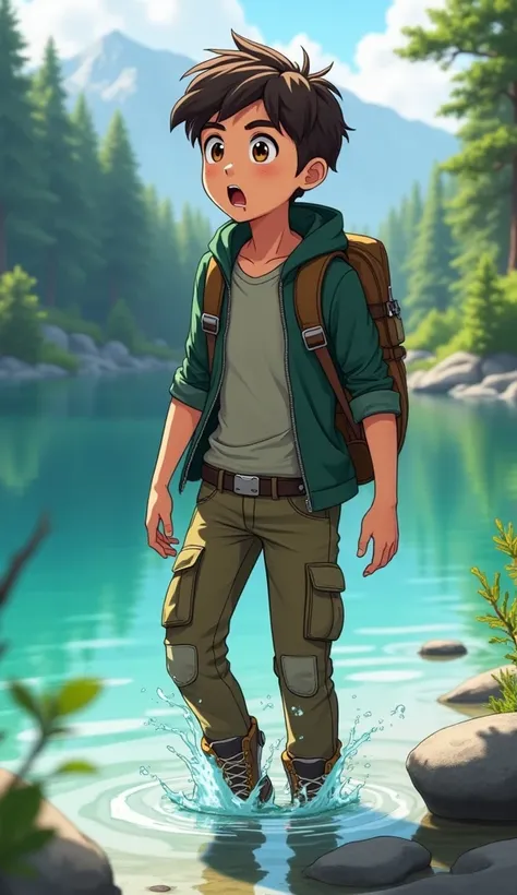 ( Anime-2D ) A 15-year-old boy named Dave wearing a light, fitted long-sleeve shirt in earthy tones like forest green or grey, with rolled-up sleeves. Over it, he wears a dark green or charcoal grey zip-up jacket with a hood. He has durable cargo pants in ...