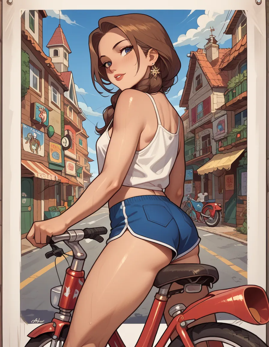 masterpiece,  best quality ,  crooked woman in red dolphin shorts and white tank top riding a bike, fine arts, pinup, poster, 50...