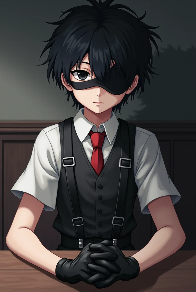 Staly anime. Boy  Pale skin, black shaggy hair. Black eyes. The left eye is covered with a black bandage.  Dressed in a white shirt with short sleeves, a red tie, a black closed vest on the shirt, and black shorts with straps. Black gloves on the palms. Si...