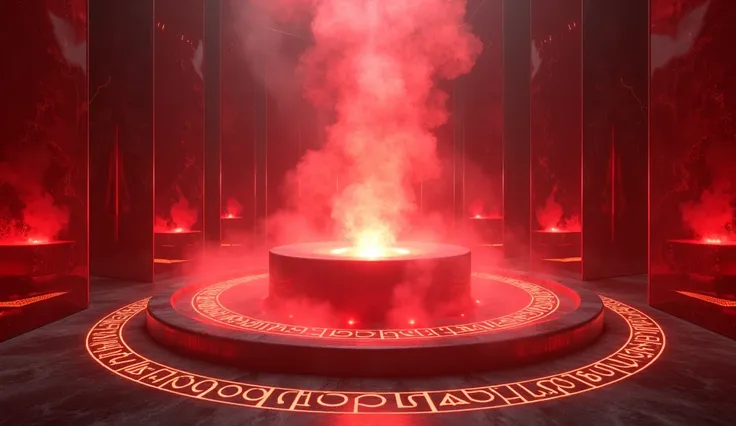  A room with mirrored walls and a central fountain that emits bright red vapor. Runes on the floor glow with warm energy ,  and the air is charged with a sense of intense renewal .