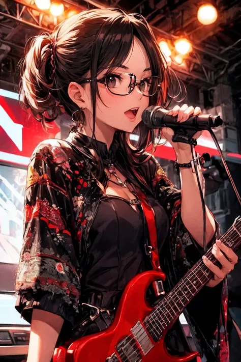 A extremely pretty and beautiful K-pop female idol, singing at otdoor, 
BREAK,
Close-up of face, glasses, singing scene, mountain sport dress, looking the viewer, 
BREAK,
Represent idol in bright colors, Represent idol dress in colorful colors, Represent i...