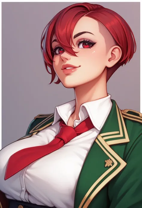 {{{ masterpiece, simple background}}} , {{{red eyes, red hair, big breasts, green jacket, white shirt, red tie, black skirt, school uniform, upper body}}}, {{{natural light, HDR, simple details CG}}}, {{{{extremely_beautiful_detailed_anime_face_and_eyes}}}...