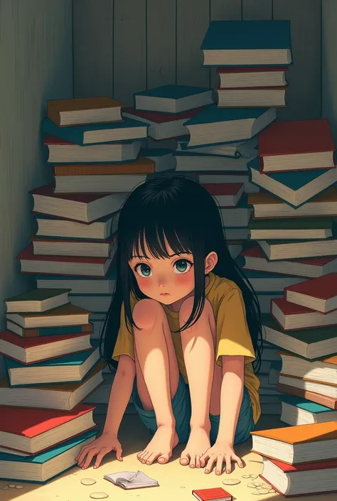 Illustration of the same girl being bored and there is a pile of books in her room that have run out of reading 