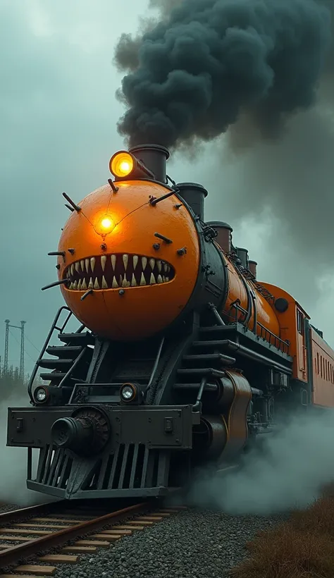 Realistic image of orange fruit and train hybrid powerful and scary