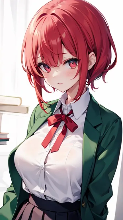 {{{ masterpiece, simple background}}} , {{{red eyes, red hair, big breasts, green jacket, white shirt, red tie, black skirt, school uniform, upper body}}}, {{{natural light, HDR, simple details CG}}}, {{{{extremely_beautiful_detailed_anime_face_and_eyes}}}...