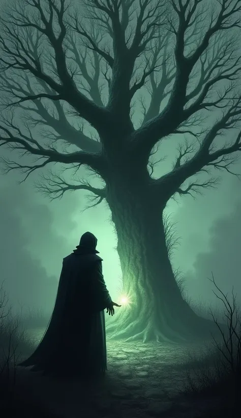 A dark, shadowy figure standing before the tree, with a grasping hand. The trees glow fades.
- Colors: Dark, muted tones (grays, blacks).
- Style: Ominous, dramatic illustration