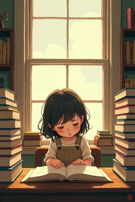 Illustration of the girl reading a book on her study desk and several stacks of storybooks are looking out the window with a bored look 