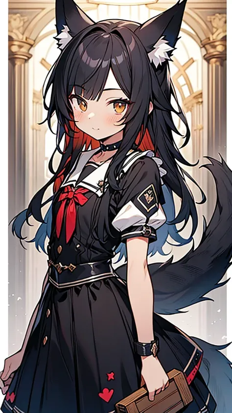 masterpiece,best quality,ultra detailed,anime illustration, 1 small cute young boy, wolf ears, wolf tail,black hair,long hair, choker, gyaru style gothic school uniform with frill,cute boy,