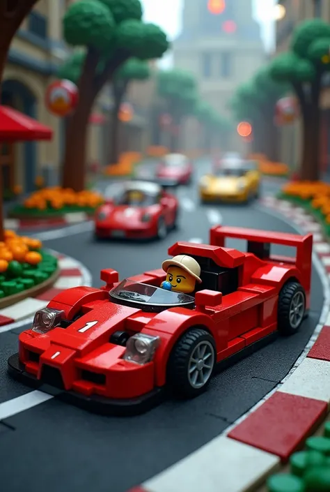  Make an image of a racing video game menu that contains many Ferraris of different types to choose from, that they are in cubicles and add characters made of lego , Everything about Legos ,  as if it were a Nintendo video game also put the characters in c...