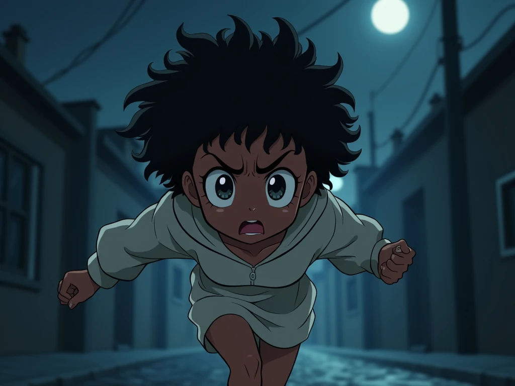 young anime black girl running away from home at night