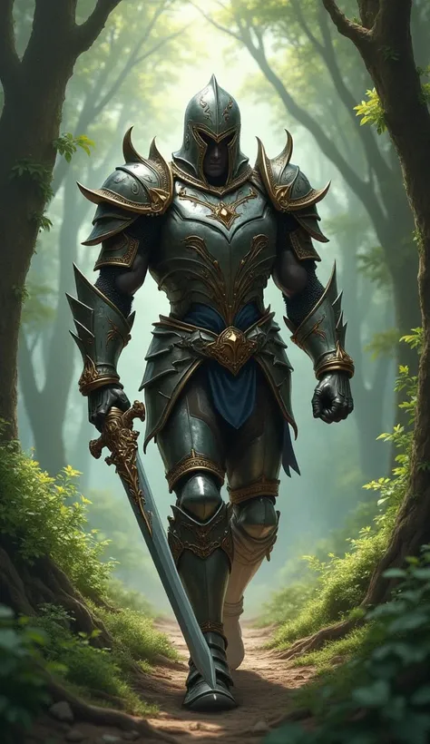  Muscle humanoid rose wearing knights armor Vedder walks through forest with fancy sword 