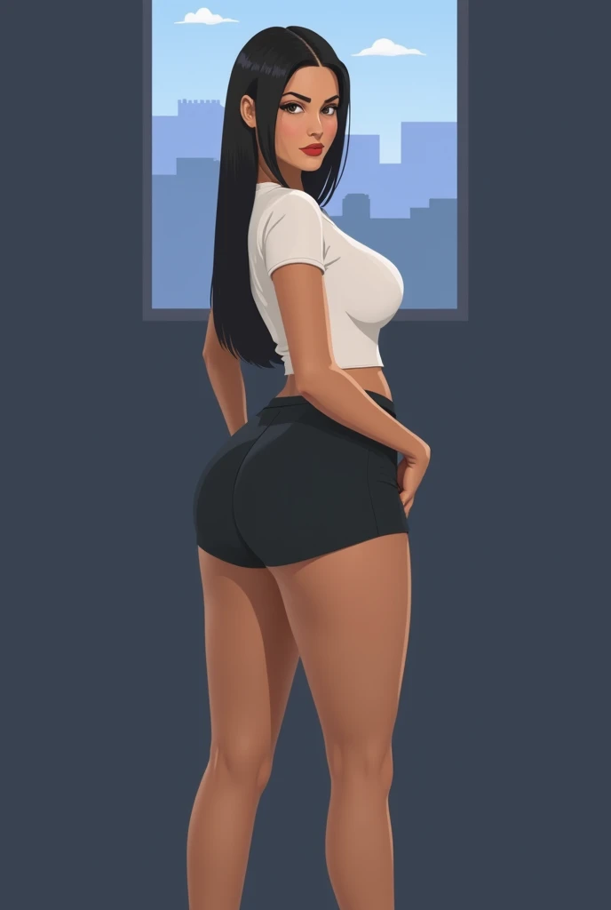 a woman in a  short skirt posing on a balcony, big booty,  curvy butt accented , thick,  your hand is on your waist ,  pants she has a round, chubby belly that rocks, beautiful  short skirt, slim jacket, sexy look,  short skirt, looking from behind, perfec...