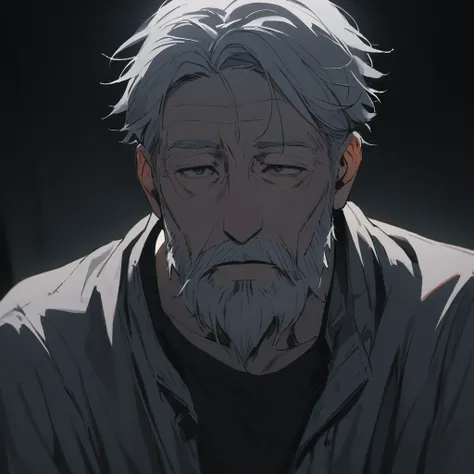 1 man, old,  grey short hair, short gray beard , absolute drug addiction