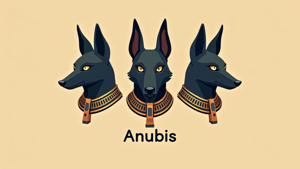 Wallpapper showing 3 heads of the god Anubis with Egyptian collar and with serious expression, Text written below: "Anubis", Flat style 