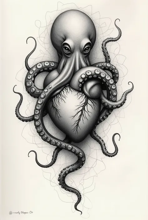  On the paper drawing of an octopus intertwining with a human heart. Details in the traces ,