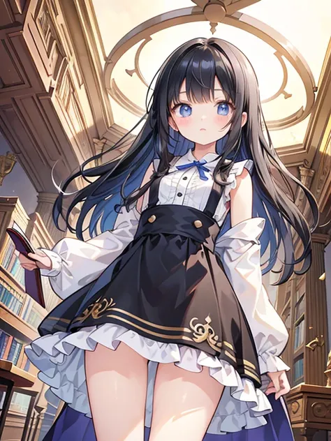 a young girl,  reading the book, one piece, the cutest in the world, black hair, detailed eyes, detailed face, in the spacious library, Europe, beautiful detailed glowphotorealistic:2.0, masterpiece, best quality,
insanely detailed, from below