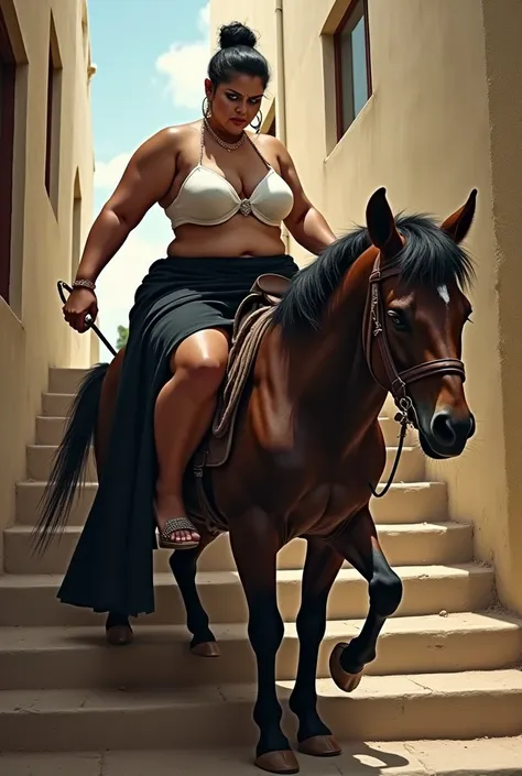 Curvy Indian aunty wearing a black color long skirt and a white  bra . She is riding on the back of a small pony. Horse is climbing down a flight of stairs carrying her on its back . Aunty is carrying a whip in one hand. Her hair is tied in bun and she is ...