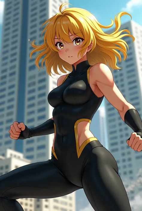  My Hero Academia style , Anime girl, female, young female ,    full body shot  ,(Fighting pose:1.3),  Long hair, Yellow Hair,    Brown Eyes   ,  hero suit, Full Body Suit, Black suit, perfect anatomy, Super detailed, Toughened Abs,( building :1.2）