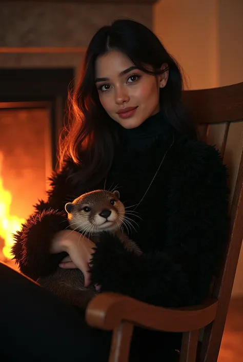 A beautiful dark-haired beauty sitting in a rocking chair in front of a fireplace wears a black fluffy turtleneck sweater、A beautiful dark-haired beautiful woman sitting in a rocking chair in front of a fireplace is hugging a small-clawed otter and looking...