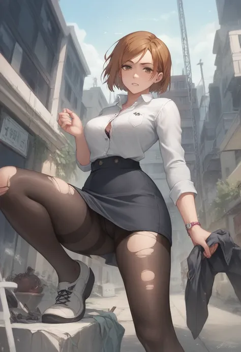 masterpiece,best quality,best details,nsfw,1 girl,short hair,brown hair,brown eyes,precise fingers,many torn dress shirt,dress shirt buttons about to burst,black bra,skirt,torn long black tights,ripped tights,long sleeve,plump,underground,Kugisaki Nobara,