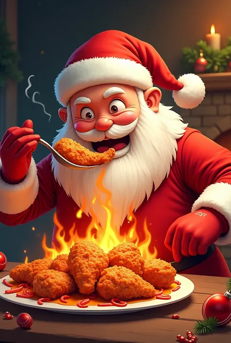 Santa Claus eats spicy chicken pieces and burns