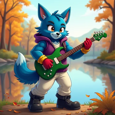 A blue muscular furry dog in gold bracelets , wearing black boots , in white pants,  in a purple zippered sleeveless sweater, wearing red gloves, standing in front of an autumn lake playing a green guitar in cartoon style