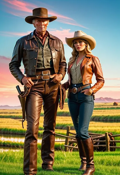 faithful image of actor Clint Eastwood dressed in leather clothing, brown vest and hat on the left side of the image,  he is next to his beautiful black horse holding the reins ,  she has a leather whip in her hand , he is serious, Bravo,  has sore skin , ...