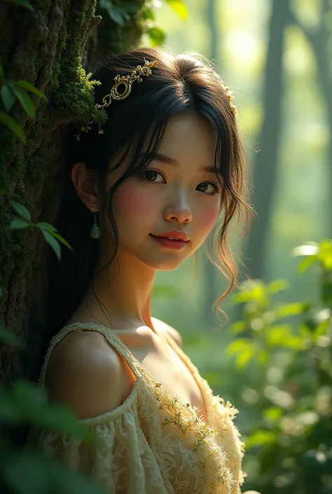 AB type beauty 　 pretty girl　 mysterious　smile　 cute　In the forest