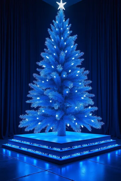 
AND ON THE SIDE with a distance of 1 meter from the blue Christmas tree with 5 meters high LED lights ,  a SQUARE platform with blue decoration with 02 STEPS for the girls of the choir with a total size of 2.44m by 3 . 50 meters with U-rails for stability...