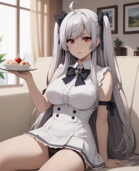 score_9, score_8_superior, score_7_superior, sauce_anime, a girl, air, Gray hair,  long hair  , ahoge,  hair ribbon  ,  red eyes  , bow tie, White skirt, sitting, focus,  See your viewers  , from the middle ,  living room , Black lace panties , Fully visib...