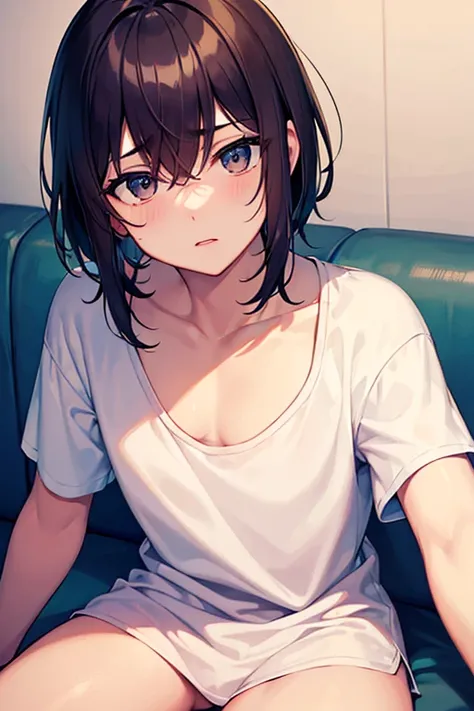 boy wearing plain t-shirt and lingerie, UHD, highres, (beautiful detail eyes), ((best quality)), ((masterpiece))