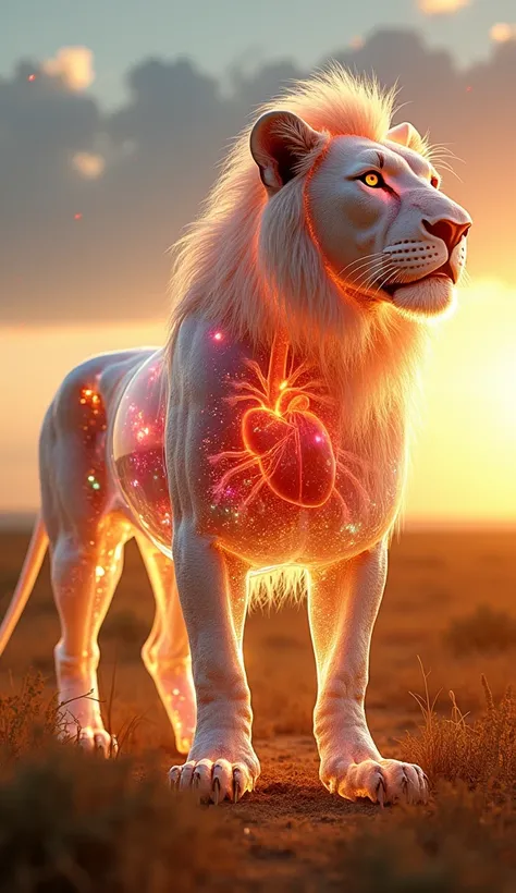 A hyper-realistic transparent lion standing majestically on a golden savanna at sunset. Its entire body is made of a glass-like texture, revealing its detailed internal anatomy: the rib cage, heart, lungs, and digestive system glowing faintly. The sunlight...