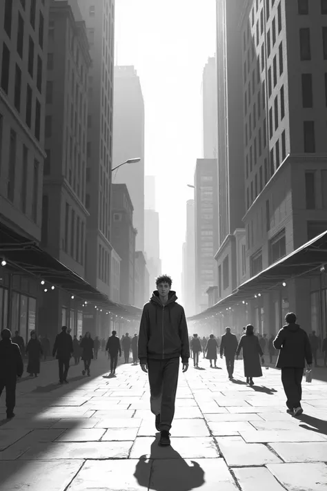 Create a black and white image of a young man walking in the middle of a full and peaceful city 