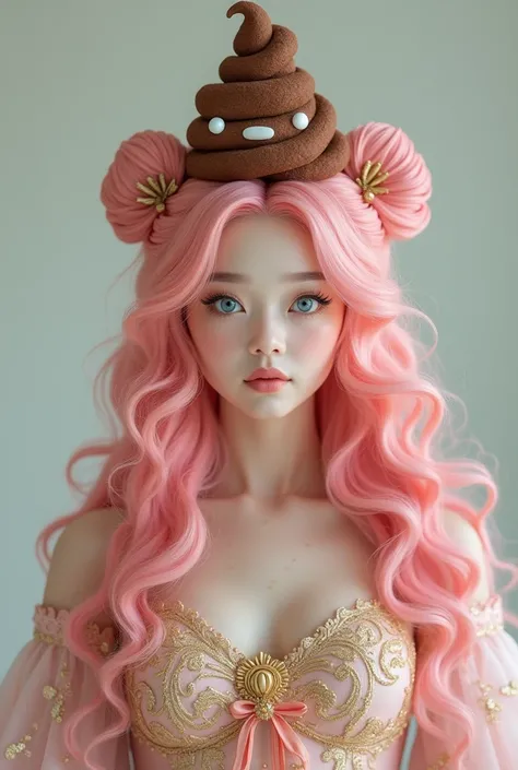 Make a long curly-haired pink , blue eyes, white, Asian,  gold and pink dress and a poop crown made of hard poop, and she smiling