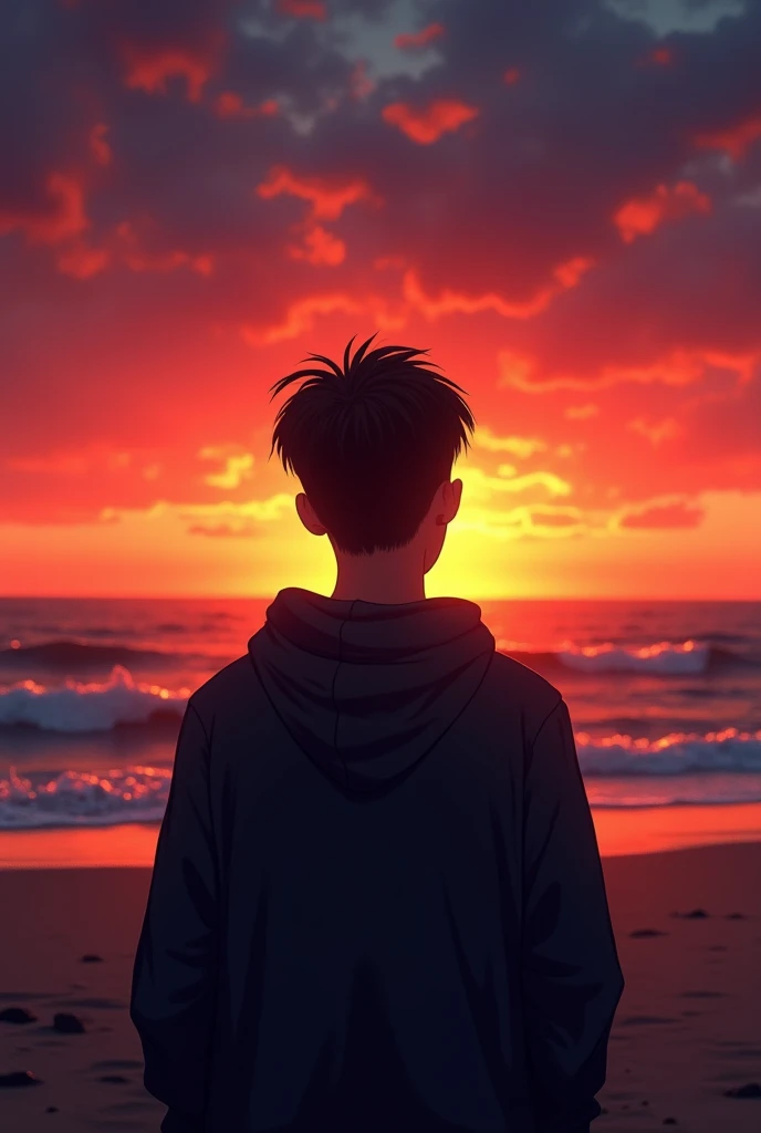 teenage boy,  wearing a hoodie facing the sunset infront of him, his figure is dark like shadow as the sunlight of sunset is illuminating, has low taper fade cut of hairstyles, he was like watching the sunset, no face showed on the pic, just the back. its ...