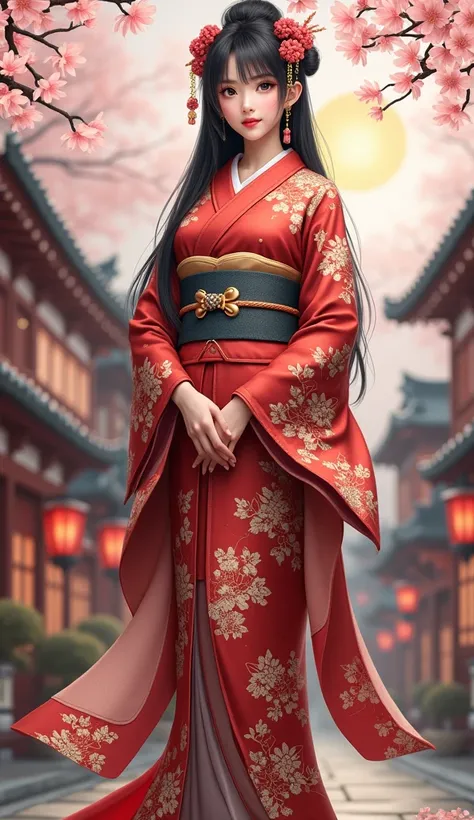 A full-body, ultra-realistic image of a Japanese woman standing. She has traditional Japanese features, wearing a beautiful kimono adorned with intricate patterns, her long black hair styled elegantly. The background features elements of Japanese culture, ...