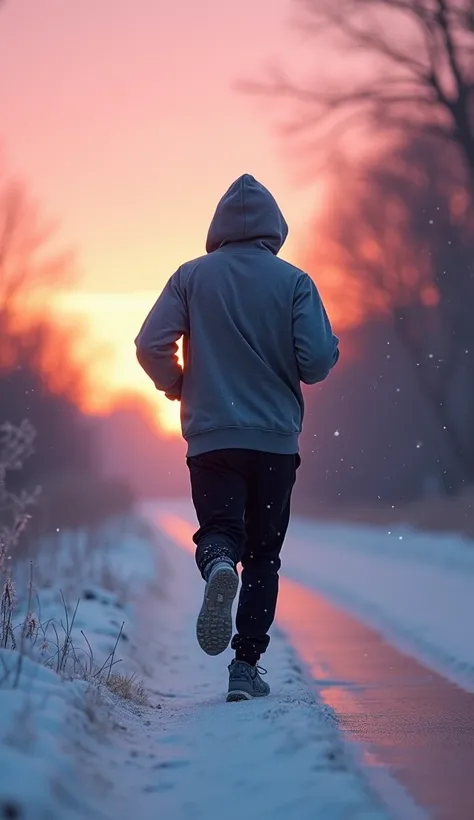 "A normal person wearing a hoodie, running on a frosty road during winter dawn. The environment is cold with frost-covered grass and leafless trees. A soft pink and orange hue lights the sky, and the persons breath is visible in the cold air with his hoodi...