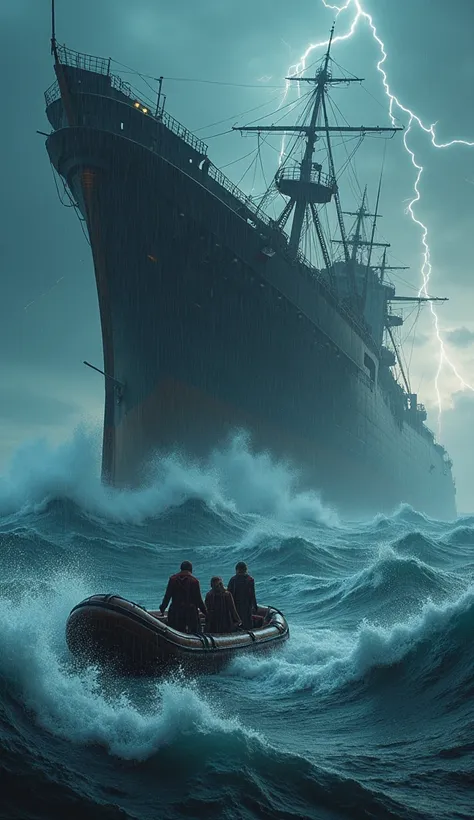 "A hyper-realistic, full-HD image of a massive ship battling against the fury of the ocean, surrounded by towering, crashing waves and illuminated by flashes of lightning streaking through a stormy, dark sky. The ship’s hull is battered and weathered, tilt...