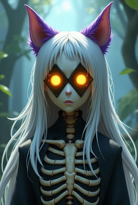 a shinigami with a skeletal appearance, with long arms, like a spinal cord, and skin like bone. long white hair with purple tips.
A band covering the right eye and left eye is diamond-shaped, yellow like a cats in pixar style 