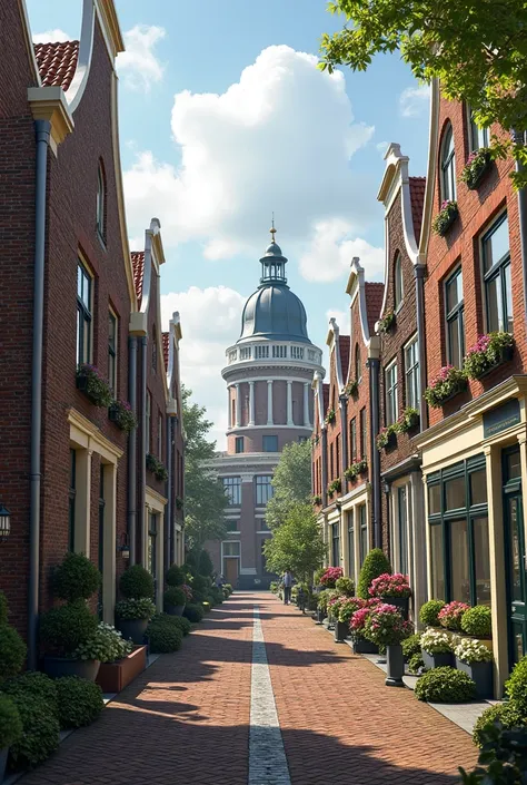 Create a city with three bridges in the Amsterdam style, focusing on realistic front-facing houses. The city should include pedestrian walkways, tree-lined streets, and a large classical building as its centerpiece. The houses along the streets should have...